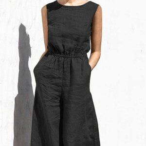 Sleeveless Black Linen Jumpsuit with Elastic Waist